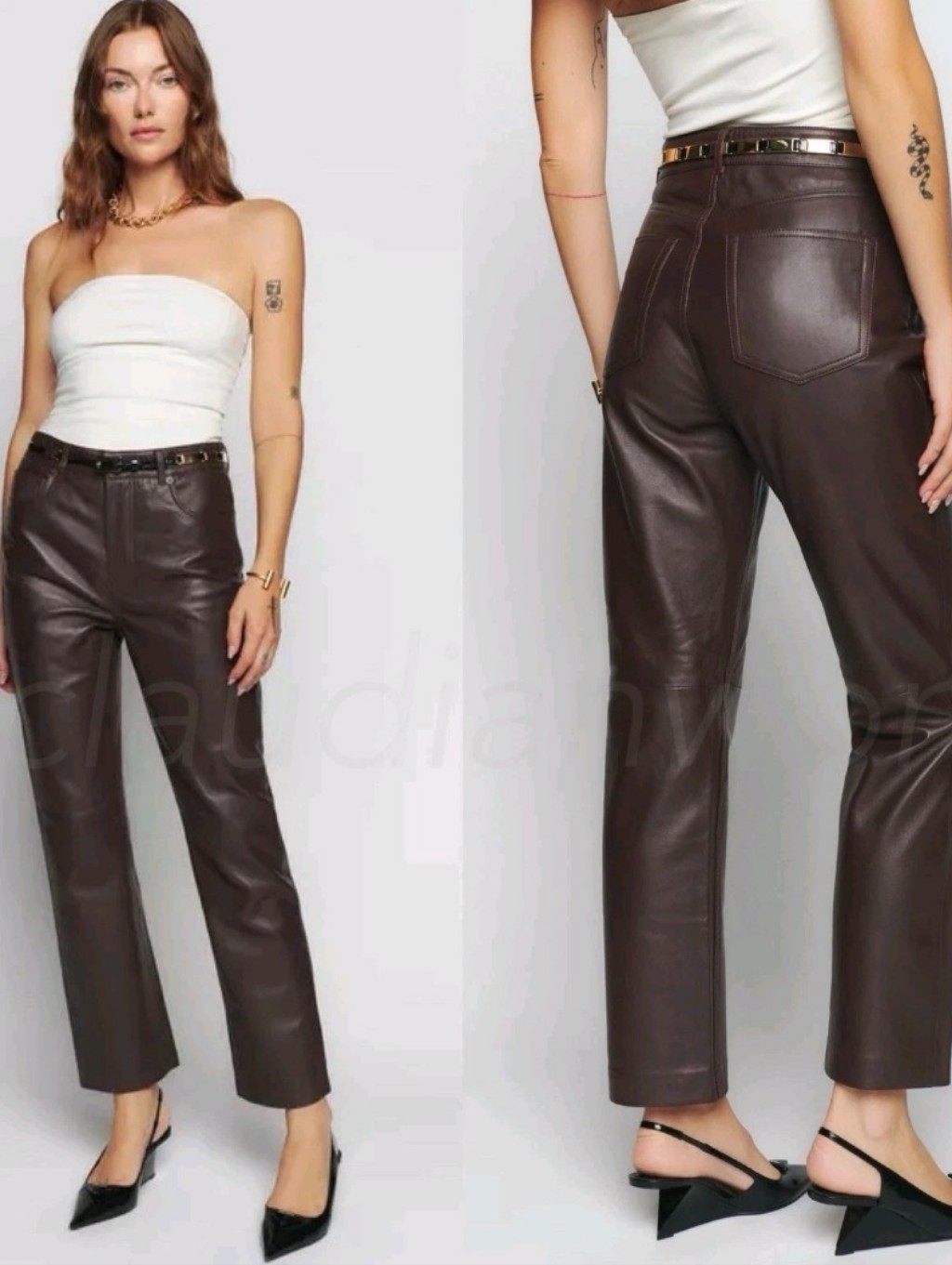 Reformation X Veda Cynthia Leather Chocolate Brown Straight Leg Pants Sz 10 Nwot